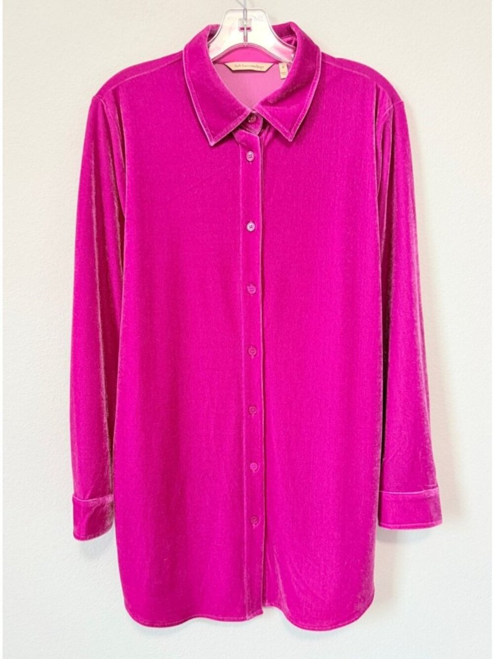 Soft Surroundings Pink Velour Long Sleeve Button Up Shirt Women's Size M